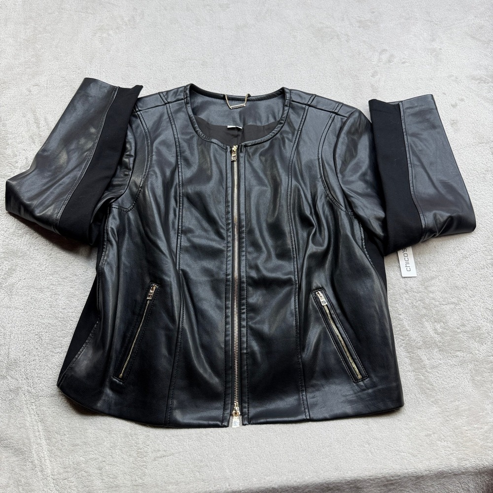 Chico's Faux Leather Jacket Women 3 US 16 Black Moto Biker Edgy Chic Streetwear